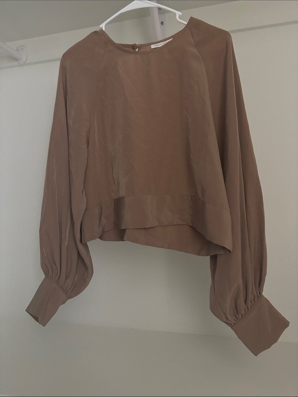 Prologue Taupe Satin Puff-Sleeve Blouse